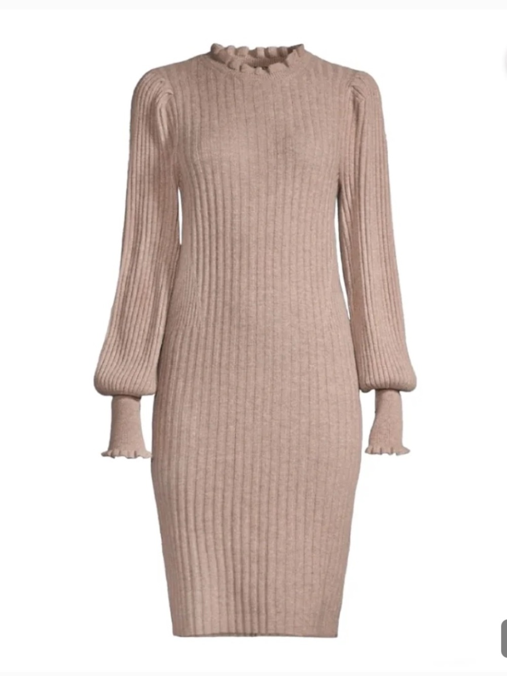 Elie Tahari Tan Balloon-Sleeve Cashmere Sweater Dress